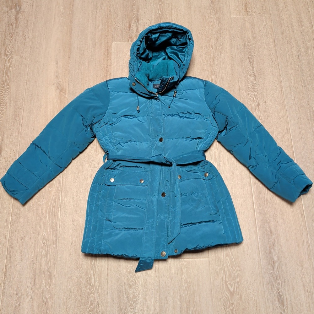 Lands' End Goose Down Puffer Parka Women M/P 10-12 Teal Blue Belted Hooded Coat